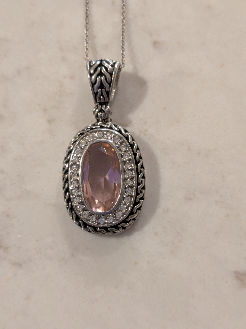 Pink Oval Pendant Necklace with CZ Halo